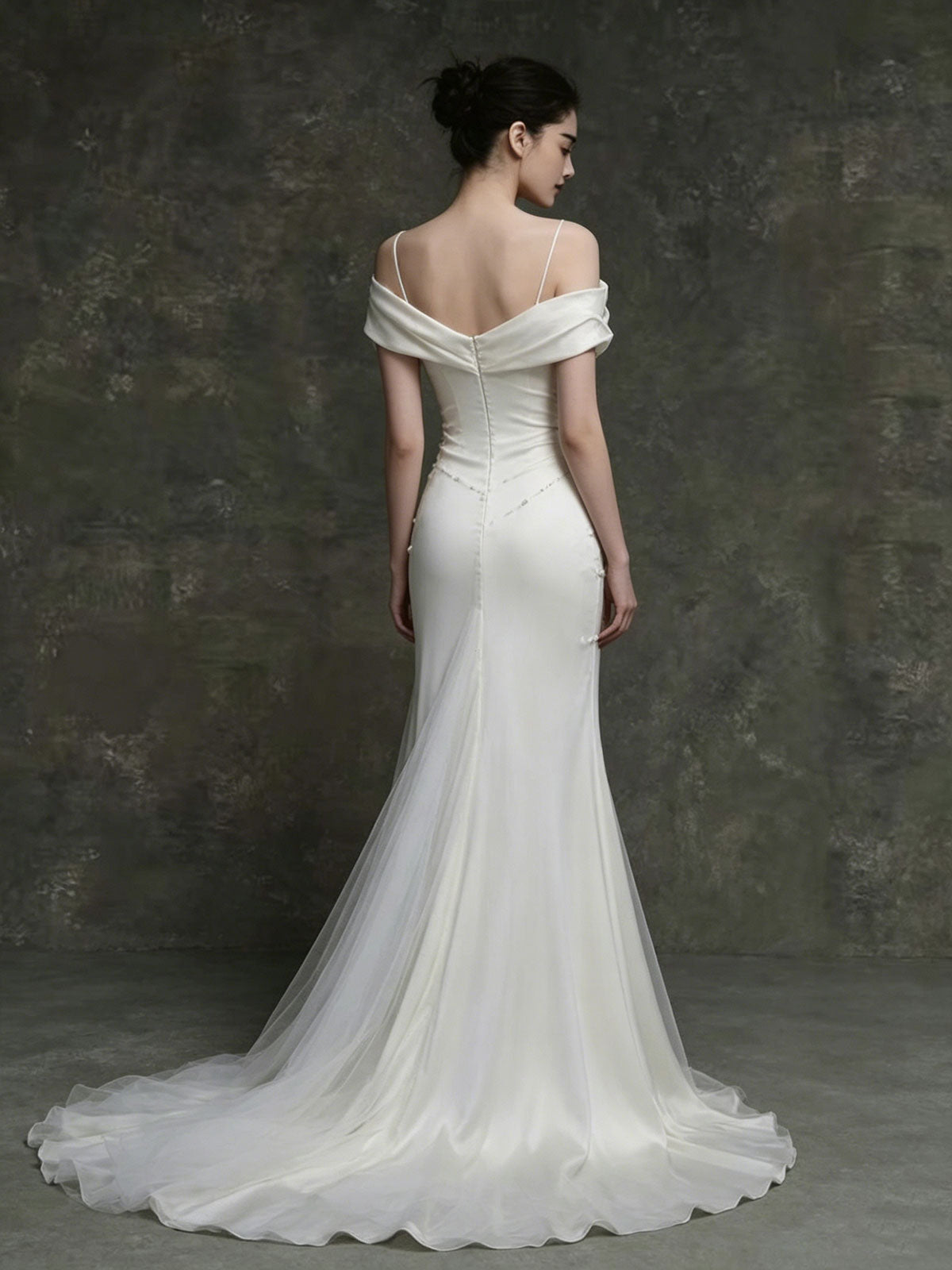 Asymmetric Draped Satin Pearl Embellished Mermaid Train Wedding Gown