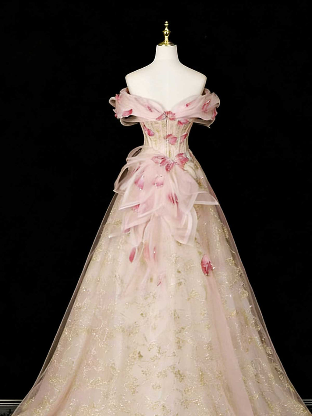 Blush Pink 3D Floral Off-the-Shoulder A-Line Evening Gown with Gold Foil