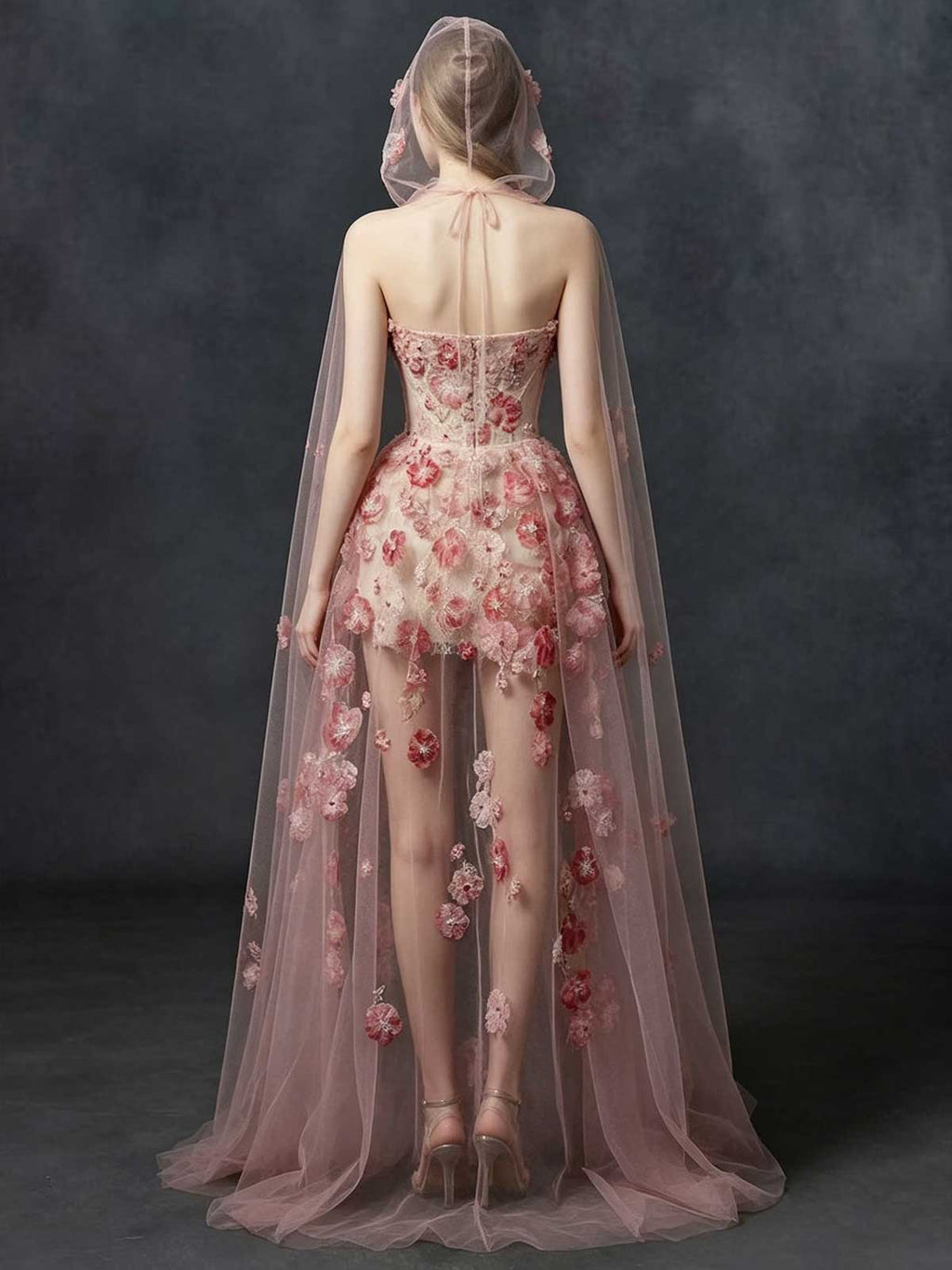 Blush Pink and Gold Strapless Corset Ball Gown with Floral Appliqués