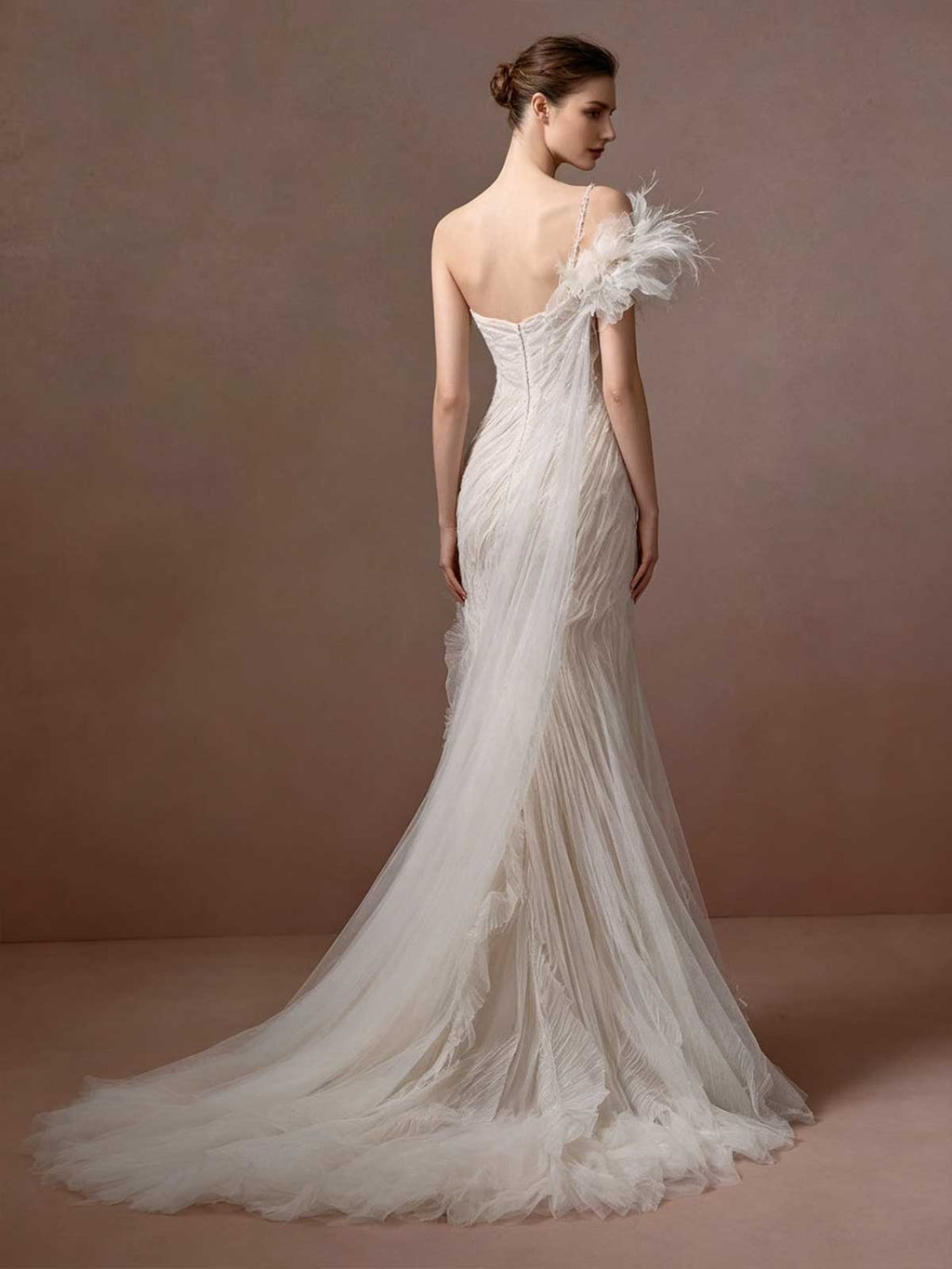 Ivory Tulle Feather One Shoulder Mermaid Wedding Dress with Cape Train