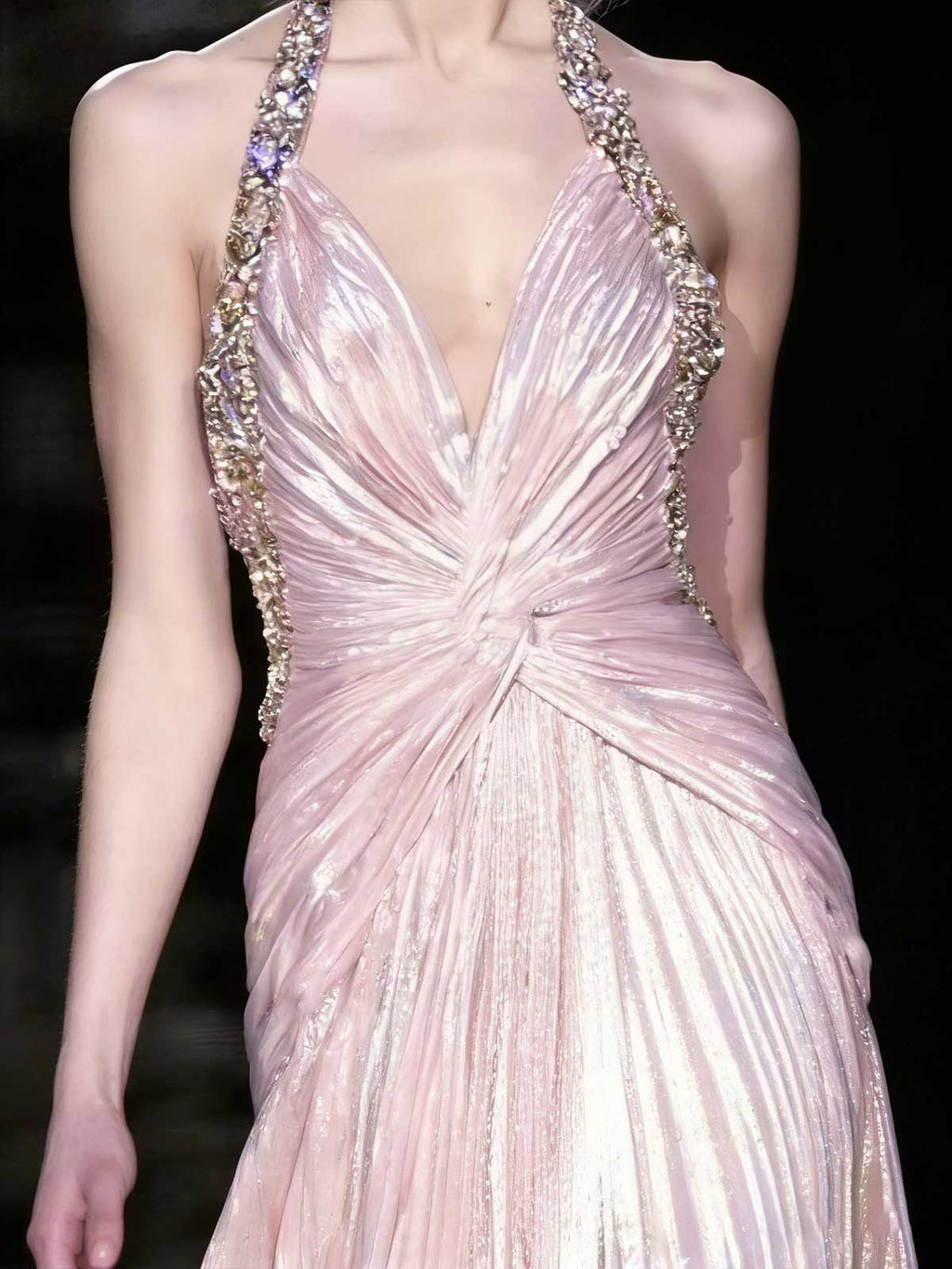Blush Pink Halter Beaded Pleated Metallic Evening Gown