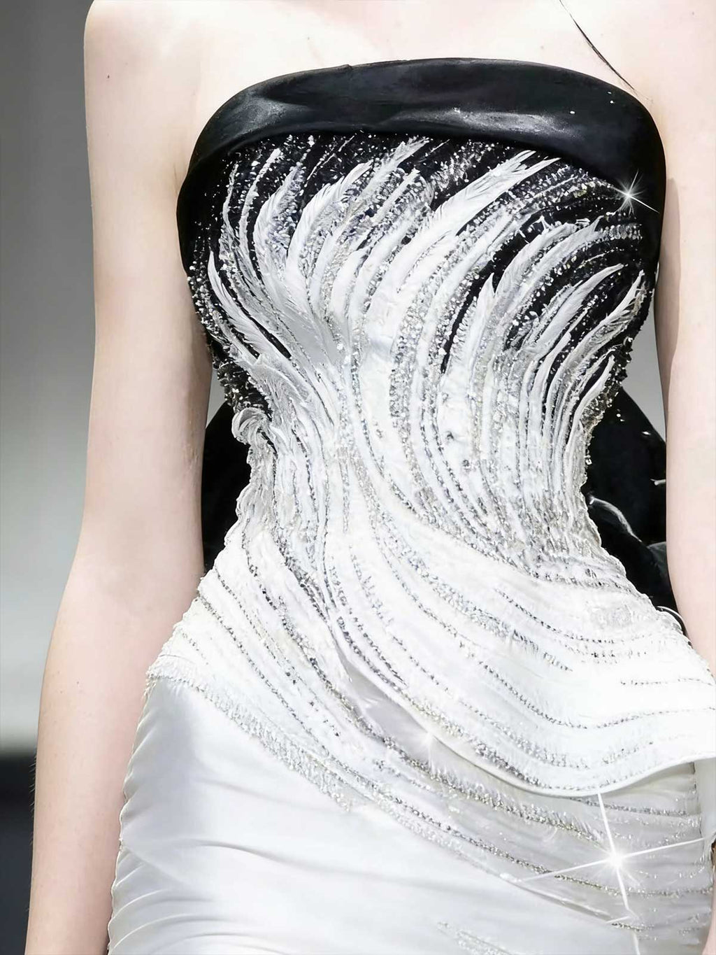 Black White Colorblock Beaded Strapless Satin Mermaid Evening Gown