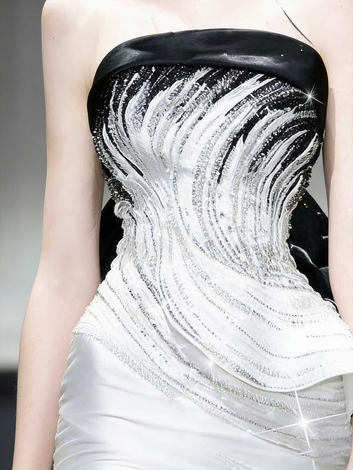 Black White Colorblock Beaded Strapless Satin Mermaid Evening Gown