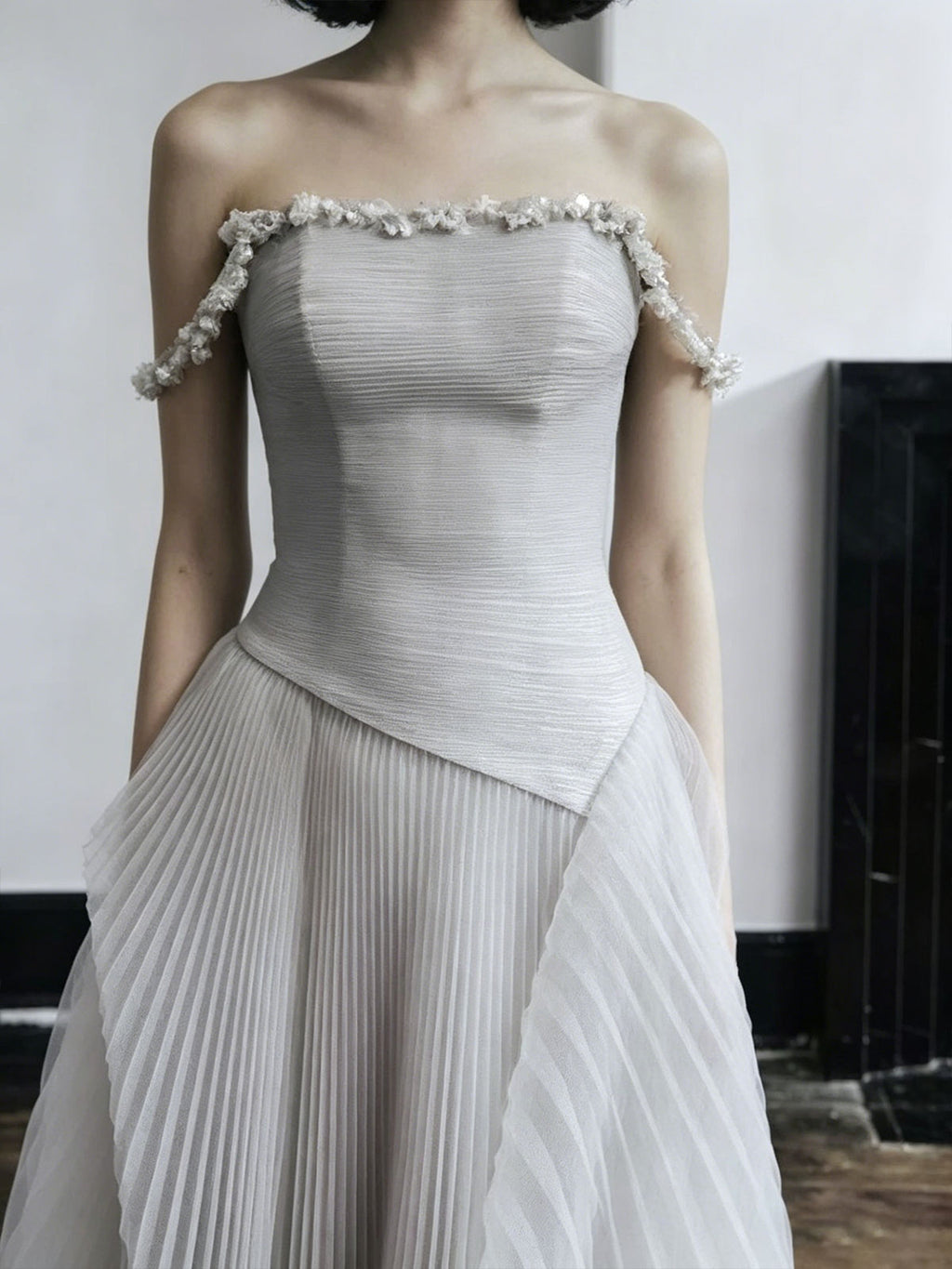 Light Gray Off-the-Shoulder Pleated Tulle Evening Gown with Beaded Neckline