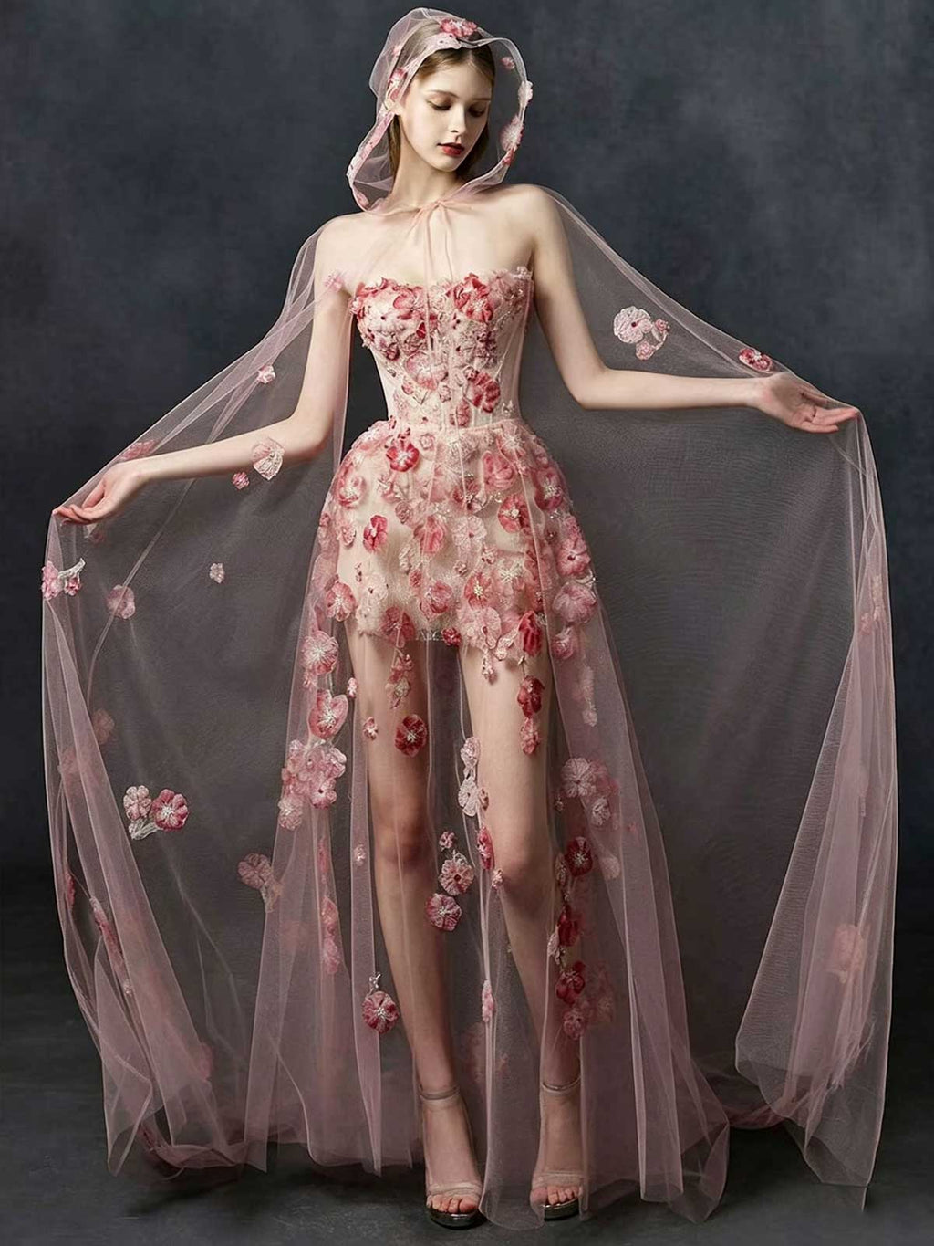 Blush Pink and Gold Strapless Corset Ball Gown with Floral Appliqués