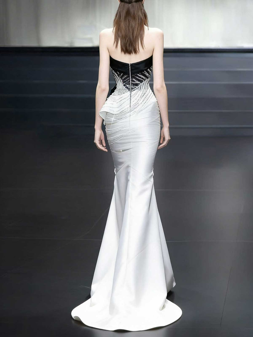 Black White Colorblock Beaded Strapless Satin Mermaid Evening Gown