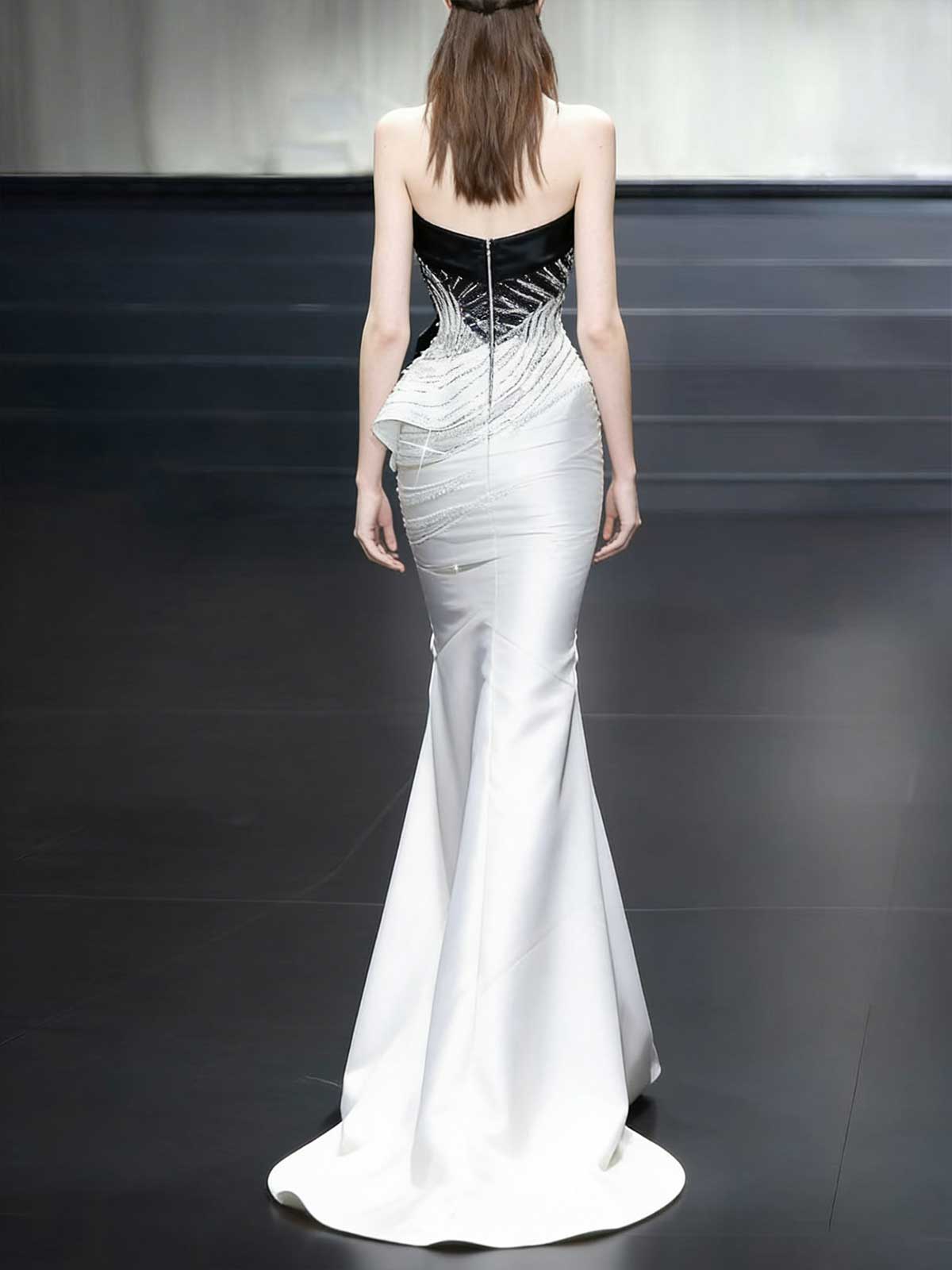 Black White Colorblock Beaded Strapless Satin Mermaid Evening Gown