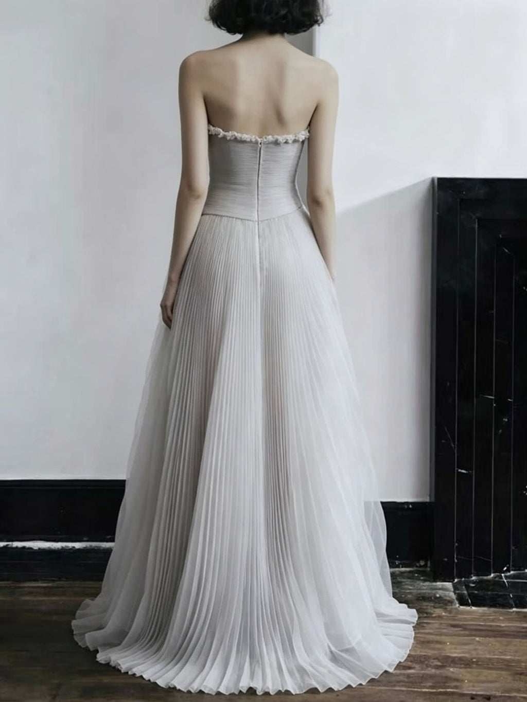 Light Gray Off-the-Shoulder Pleated Tulle Evening Gown with Beaded Neckline