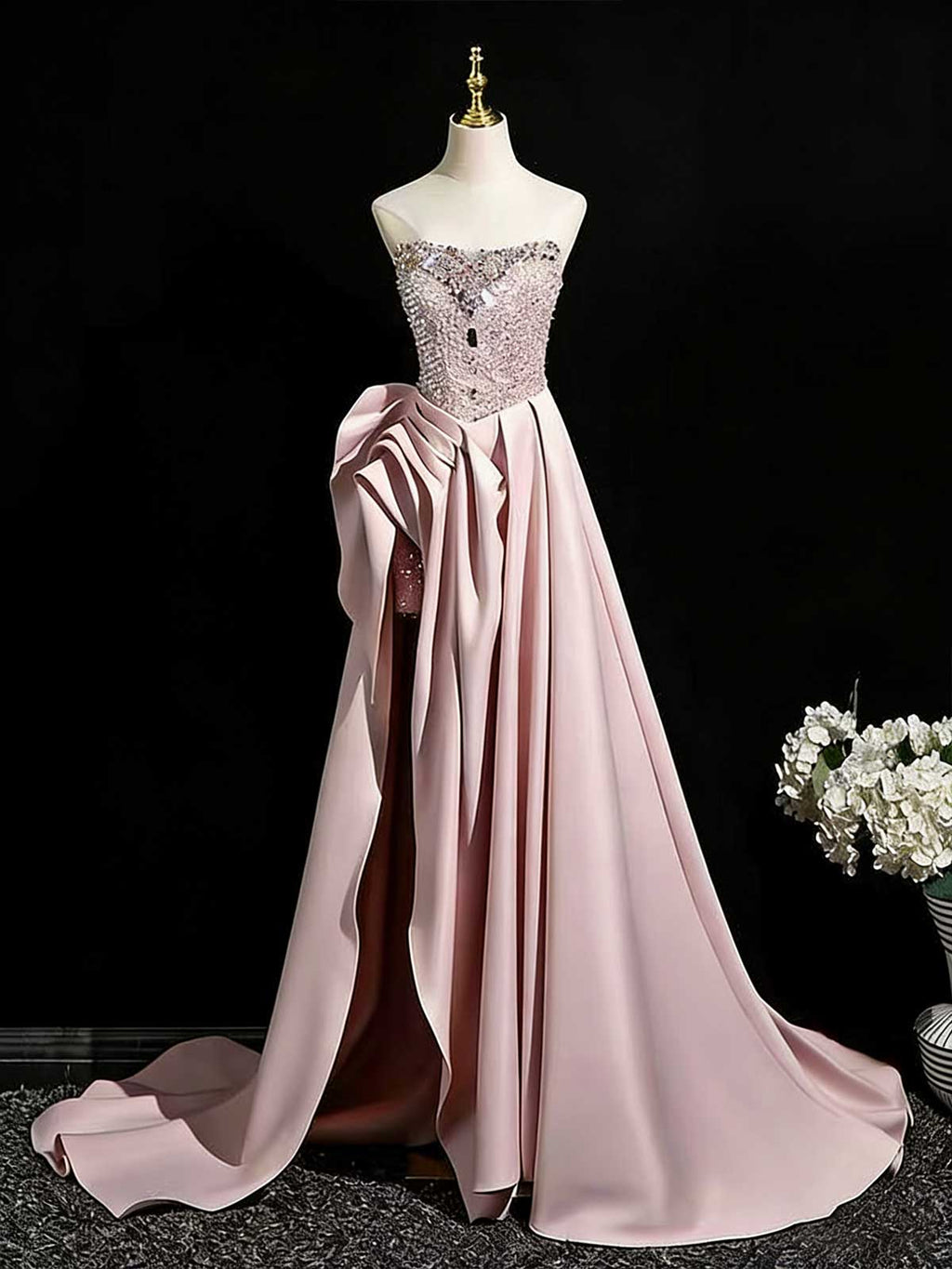 Glamorous Pink Rhinestone Corset Evening Gown with Train