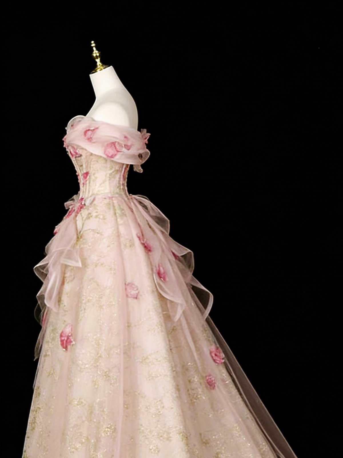 Blush Pink 3D Floral Off-the-Shoulder A-Line Evening Gown with Gold Foil