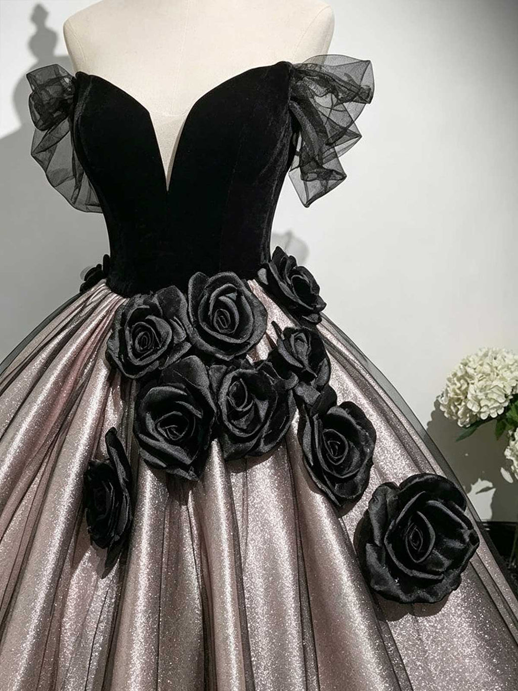 Black & Champagne Off-the-Shoulder Ball Gown with 3D Black Rose Appliqués