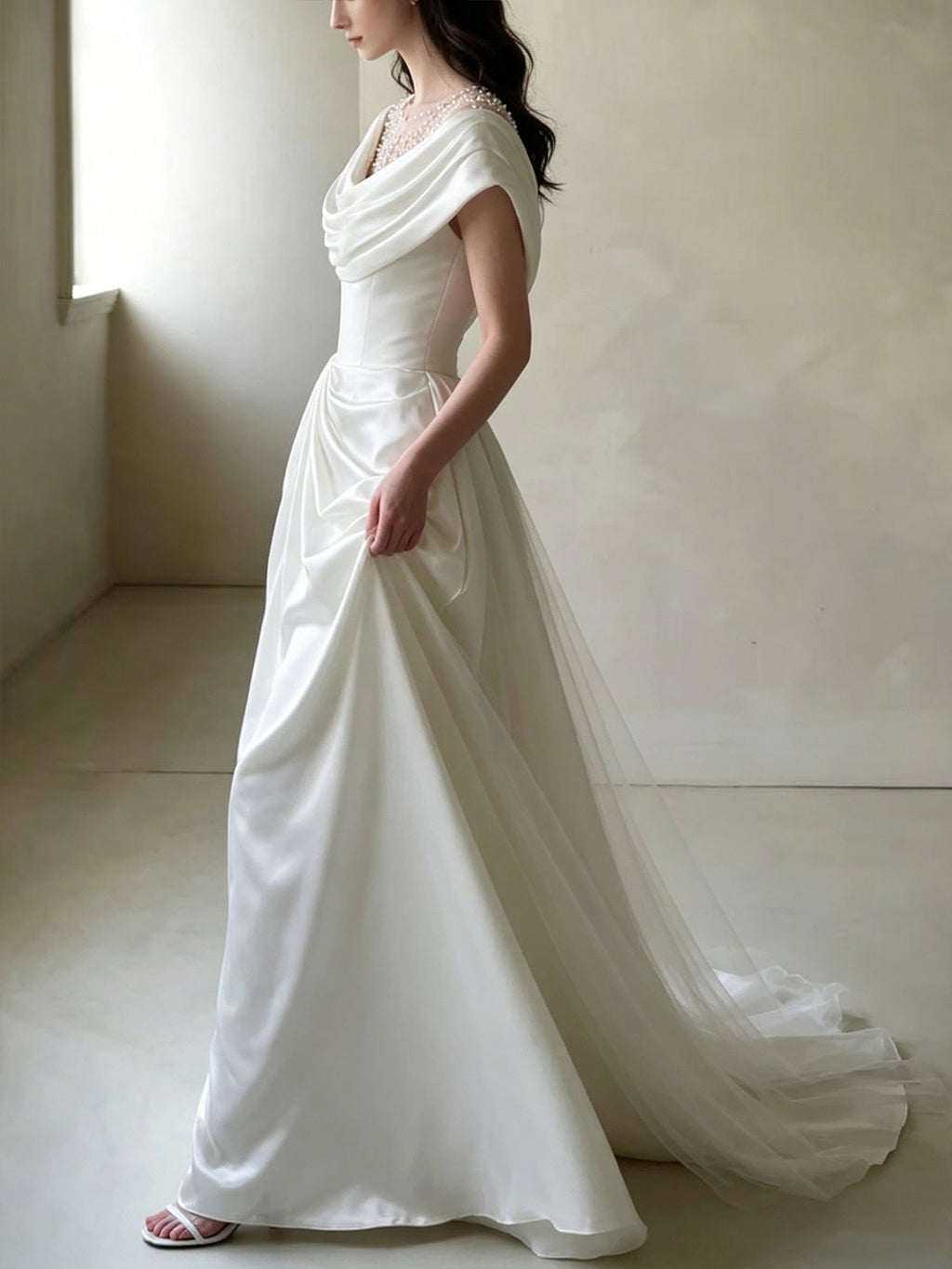 Ivory Satin Off-the-Shoulder Beaded Tulle A-Line Wedding Dress