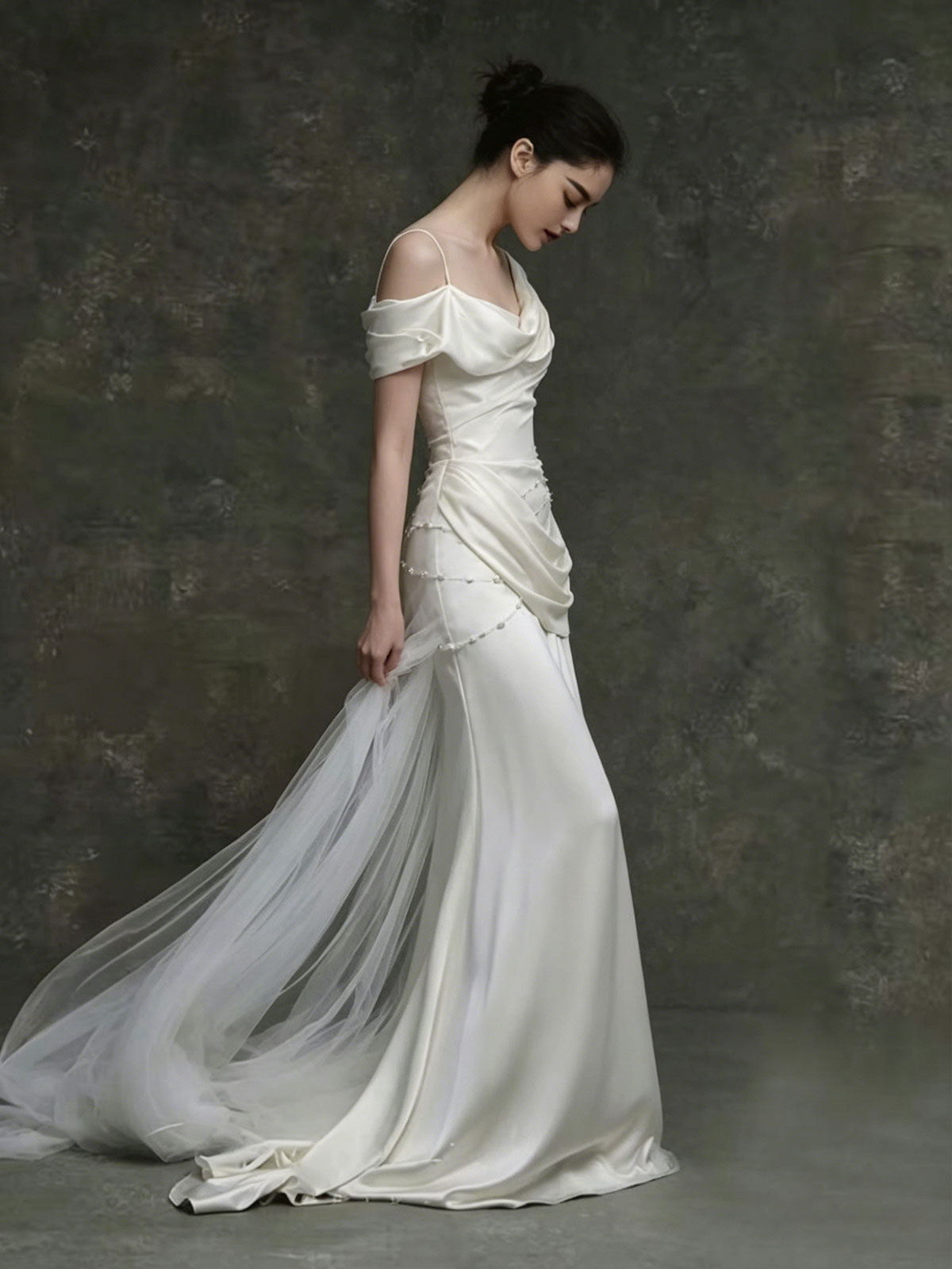 Asymmetric Draped Satin Pearl Embellished Mermaid Train Wedding Gown