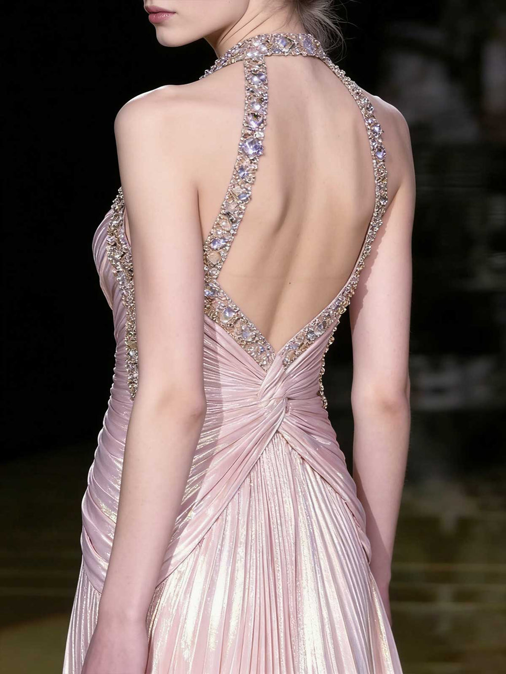 Blush Pink Halter Beaded Pleated Metallic Evening Gown