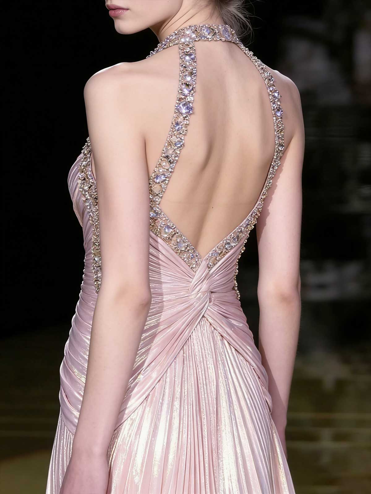 Blush Pink Halter Beaded Pleated Metallic Evening Gown