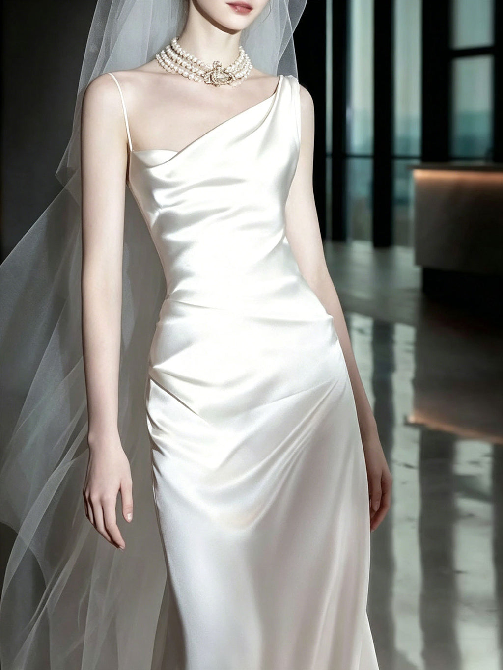 White Asymmetrical Spaghetti Strap Draped Satin Mermaid Wedding Dress Minimalist Bridal Gown