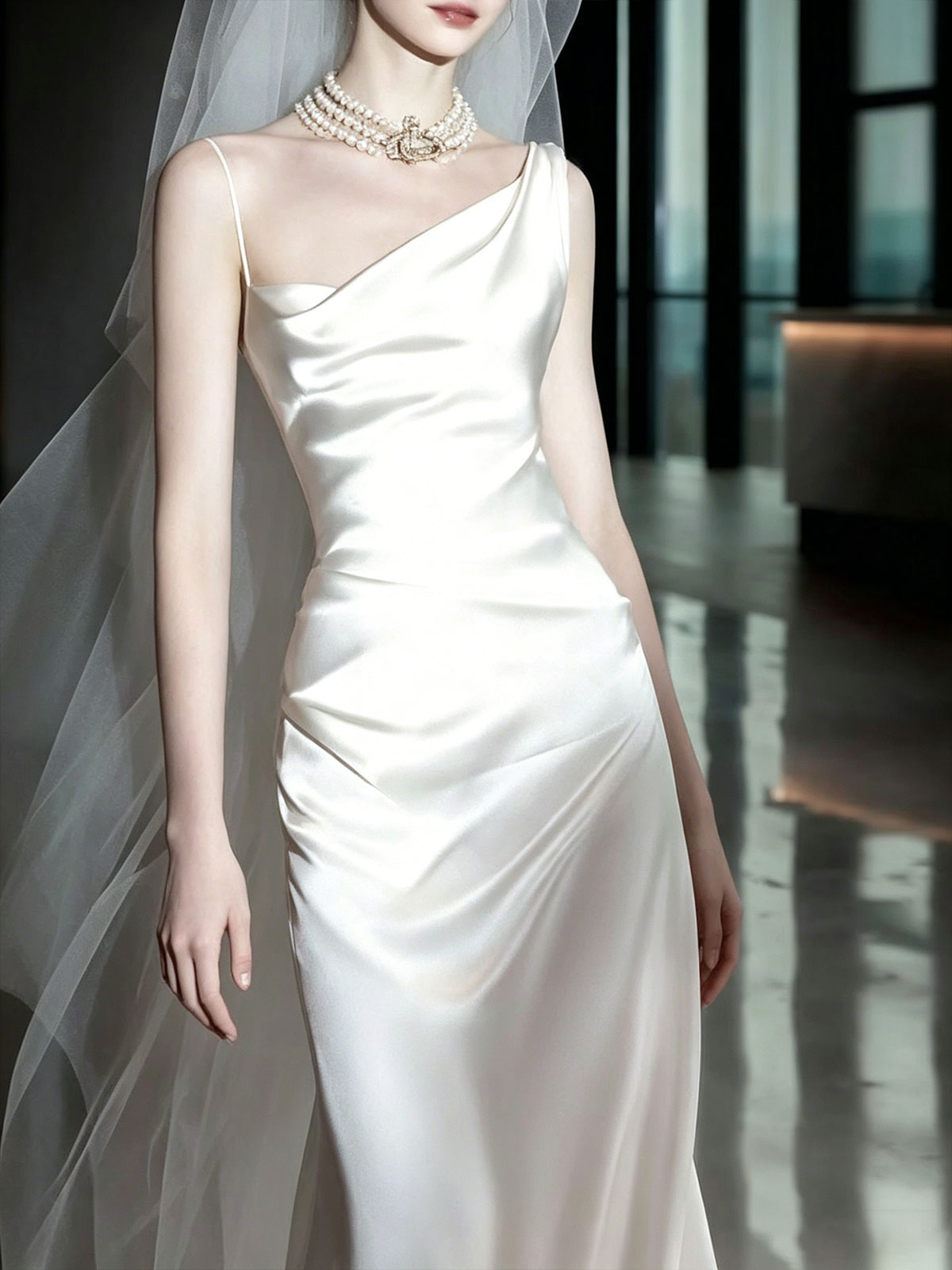White Asymmetrical Spaghetti Strap Draped Satin Mermaid Wedding Dress Minimalist Bridal Gown
