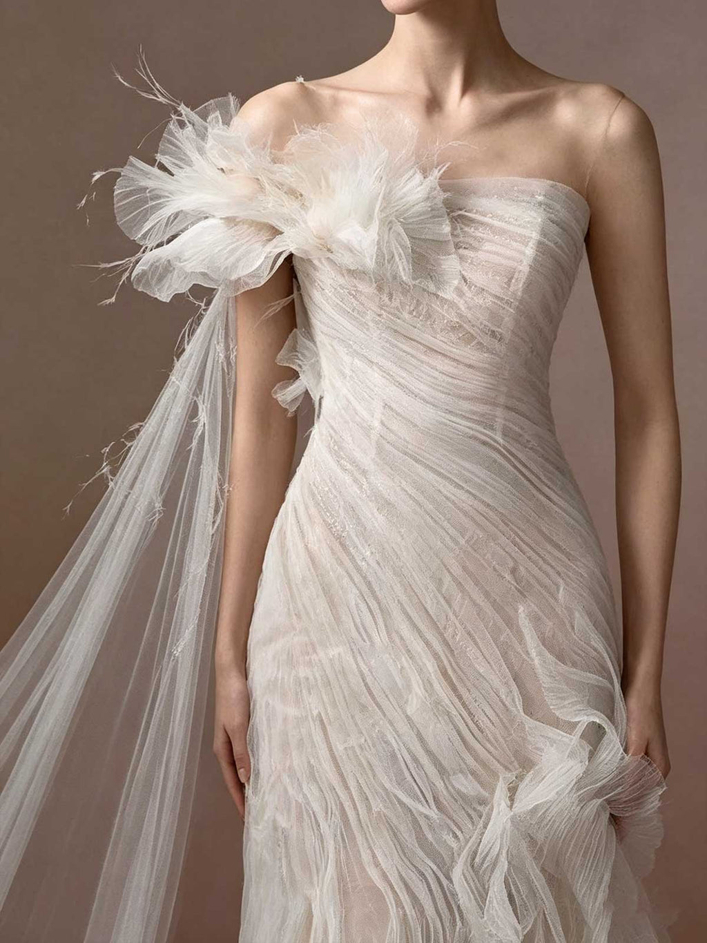 Ivory Tulle Feather One Shoulder Mermaid Wedding Dress with Cape Train