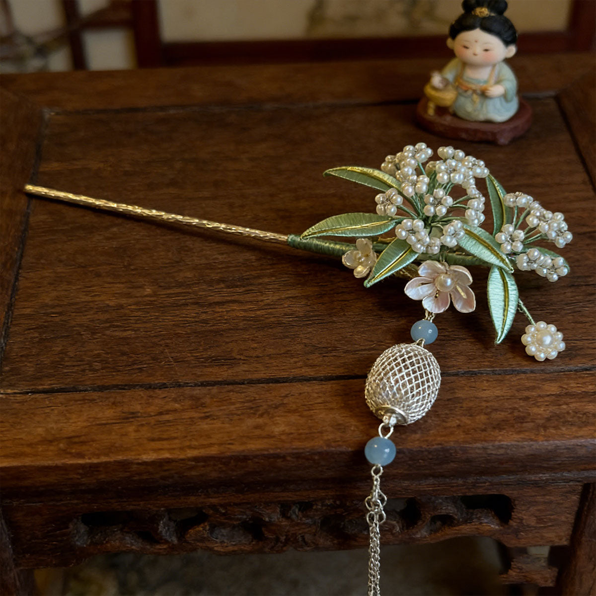 Handmade Chinese Silk Wrap Berry Hairpin with Pearls & Bell Charm for Hanfu