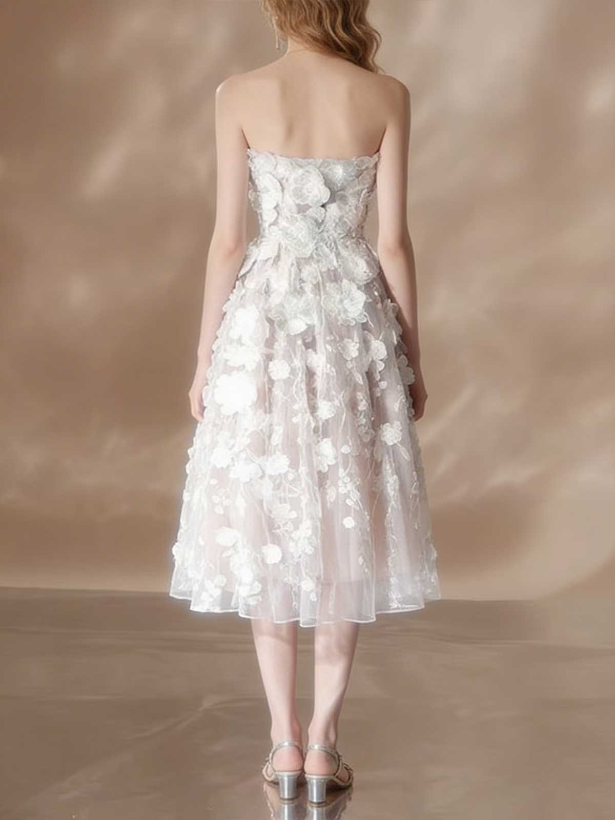 White 3D Floral Applique Strapless Sheer Midi Cocktail Dress