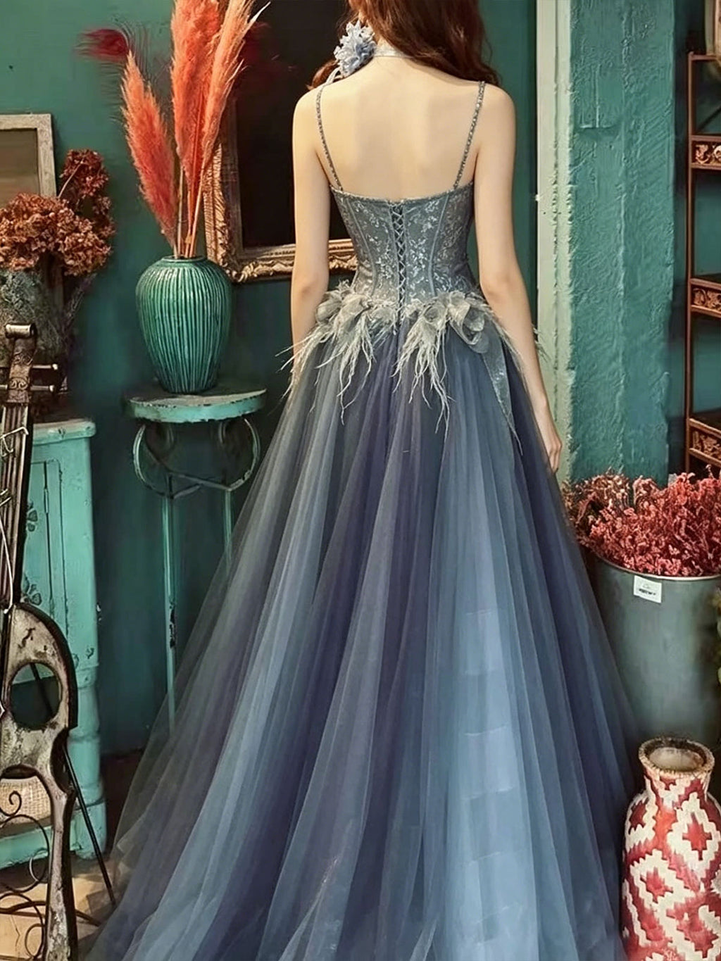 Slate Blue Corset Tulle Prom Dress with Floral Lace Bodice & Feather Appliqués