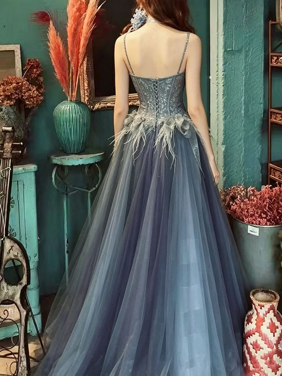Slate Blue Corset Tulle Prom Dress with Floral Lace Bodice & Feather Appliqués