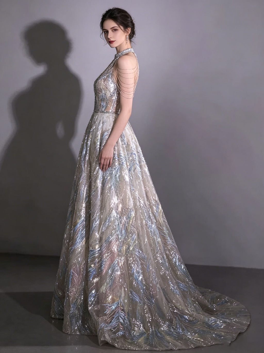 Halter Chain Fringe Iridescent Feather Sequin A-Line Evening Gown Floor Length Formal Dress