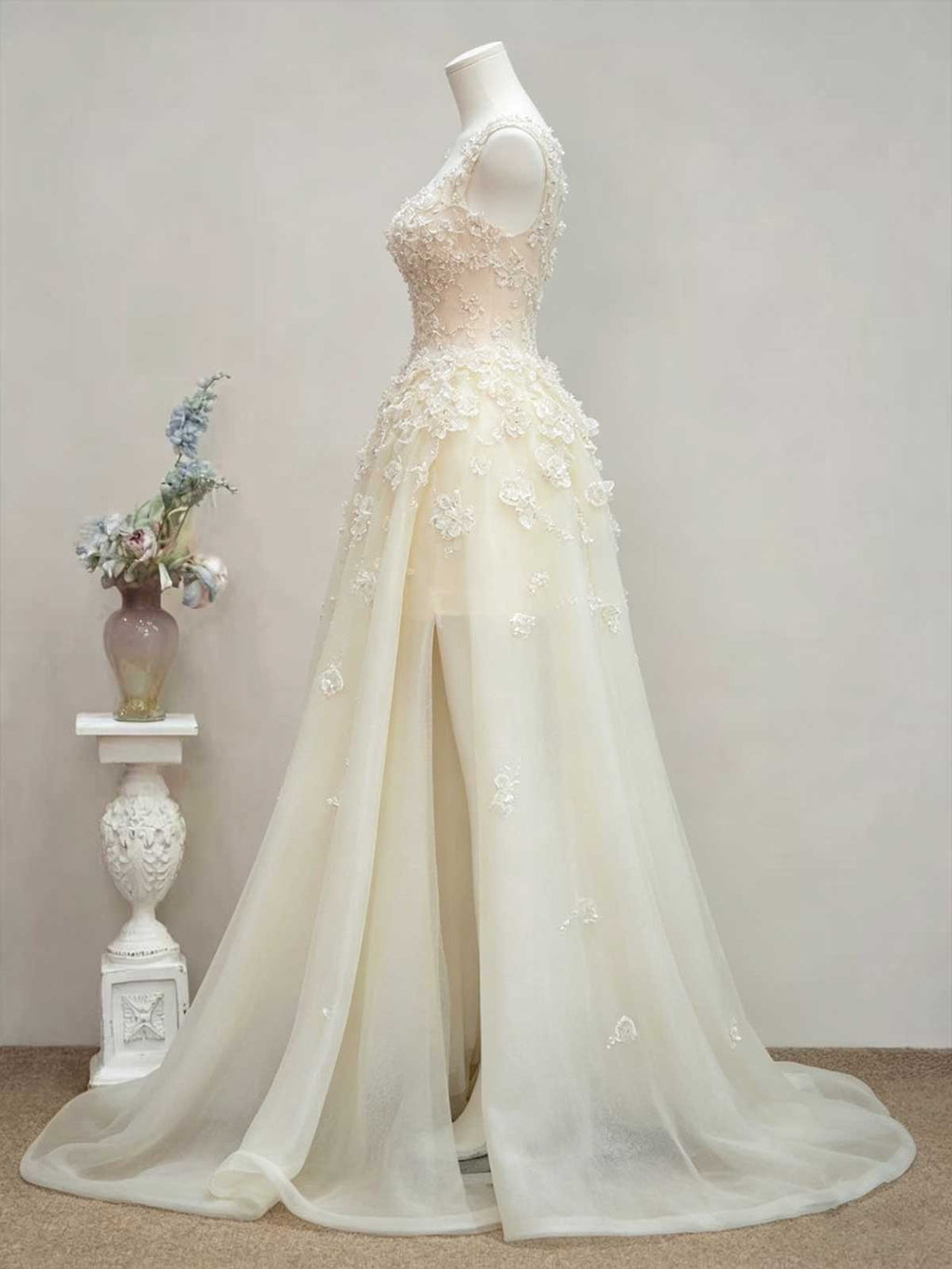 Ivory Beaded 3D Floral Spaghetti Strap A-Line Wedding Dress with Train