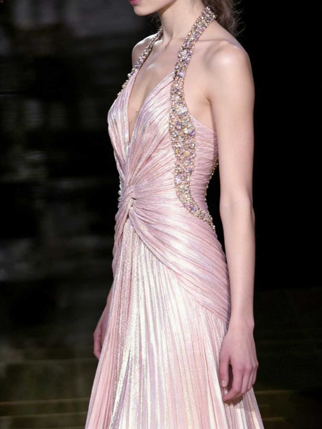 Blush Pink Halter Beaded Pleated Metallic Evening Gown