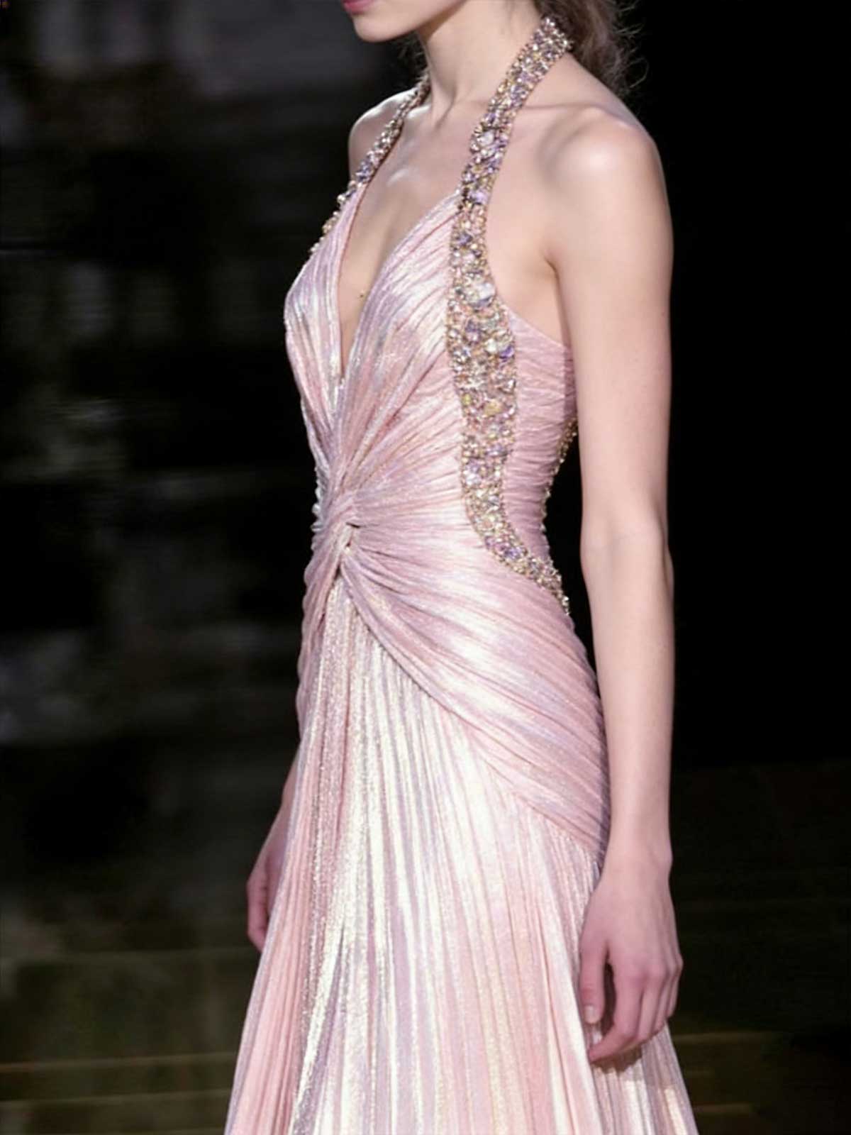 Blush Pink Halter Beaded Pleated Metallic Evening Gown