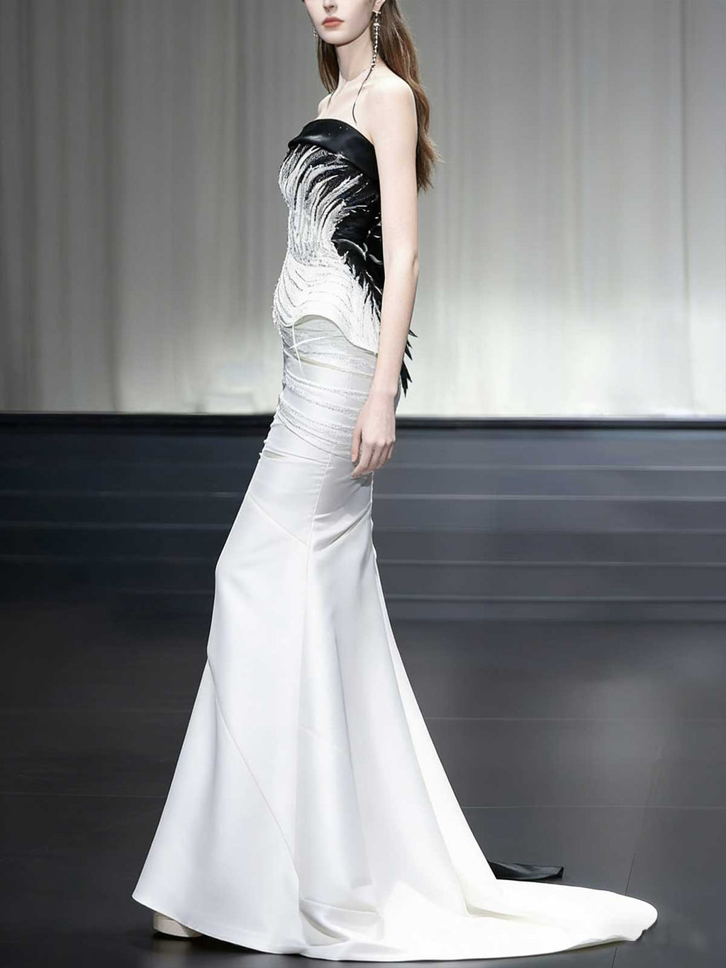 Black White Colorblock Beaded Strapless Satin Mermaid Evening Gown