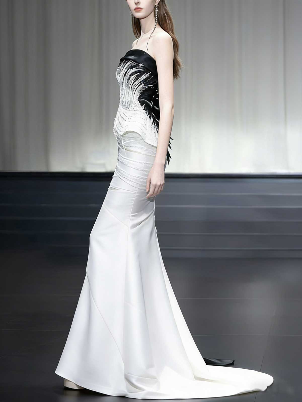 Black White Colorblock Beaded Strapless Satin Mermaid Evening Gown