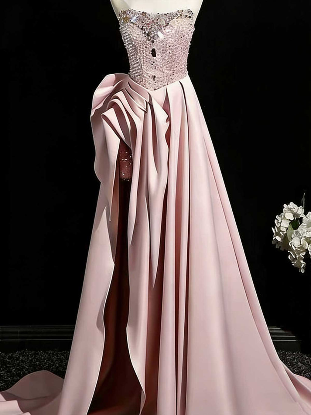 Glamorous Pink Rhinestone Corset Evening Gown with Train