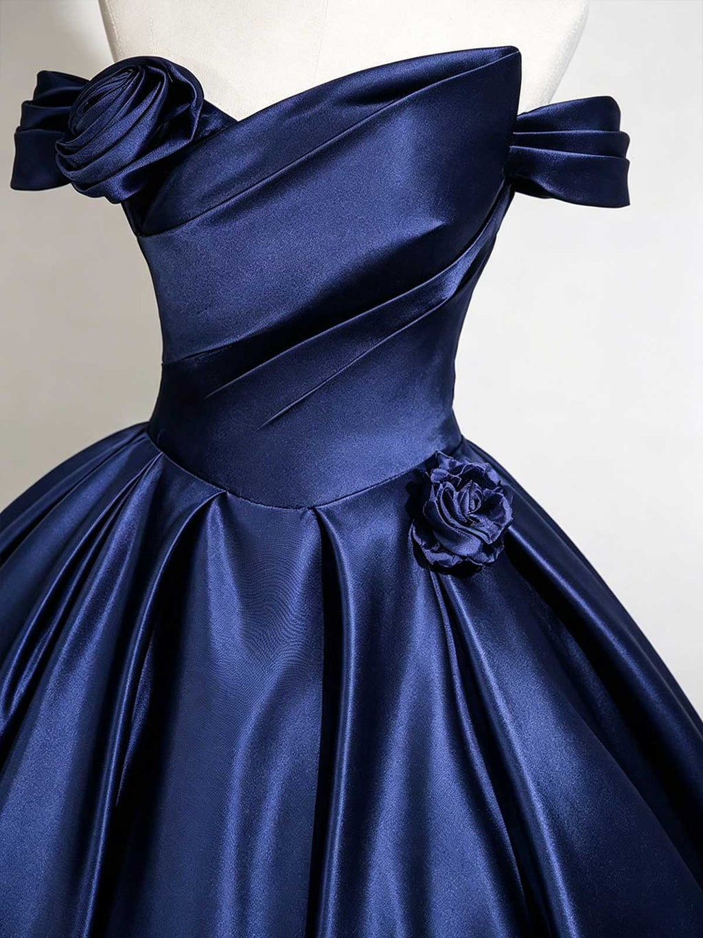 Navy Blue Off-the-Shoulder Satin Ball Gown with Voluminous Skirt