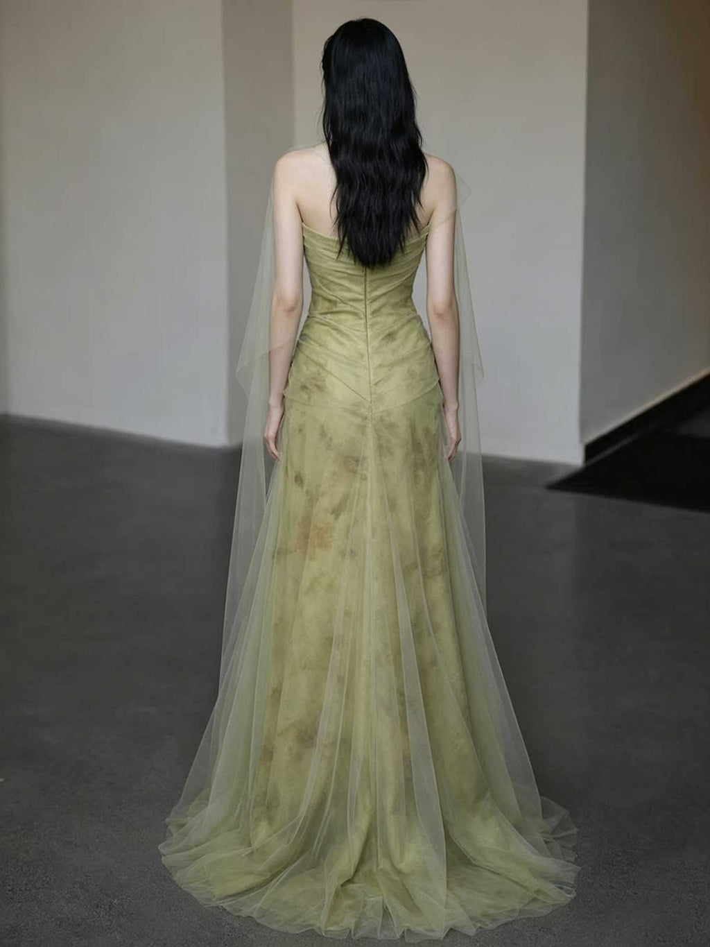 Sage Green Strapless Watercolor Print Satin Mermaid Evening Gown