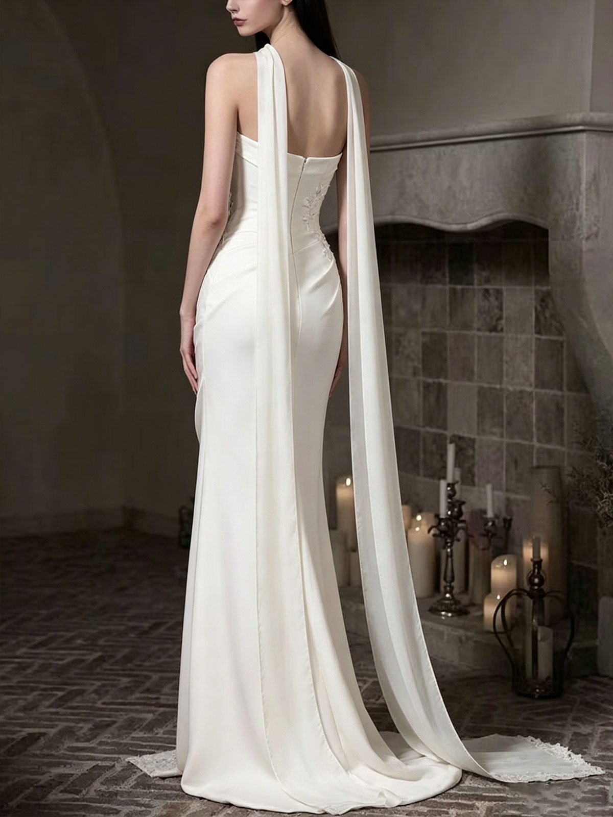 Ivory Satin Strapless Mermaid Wedding Dress with Detachable Cape Veil