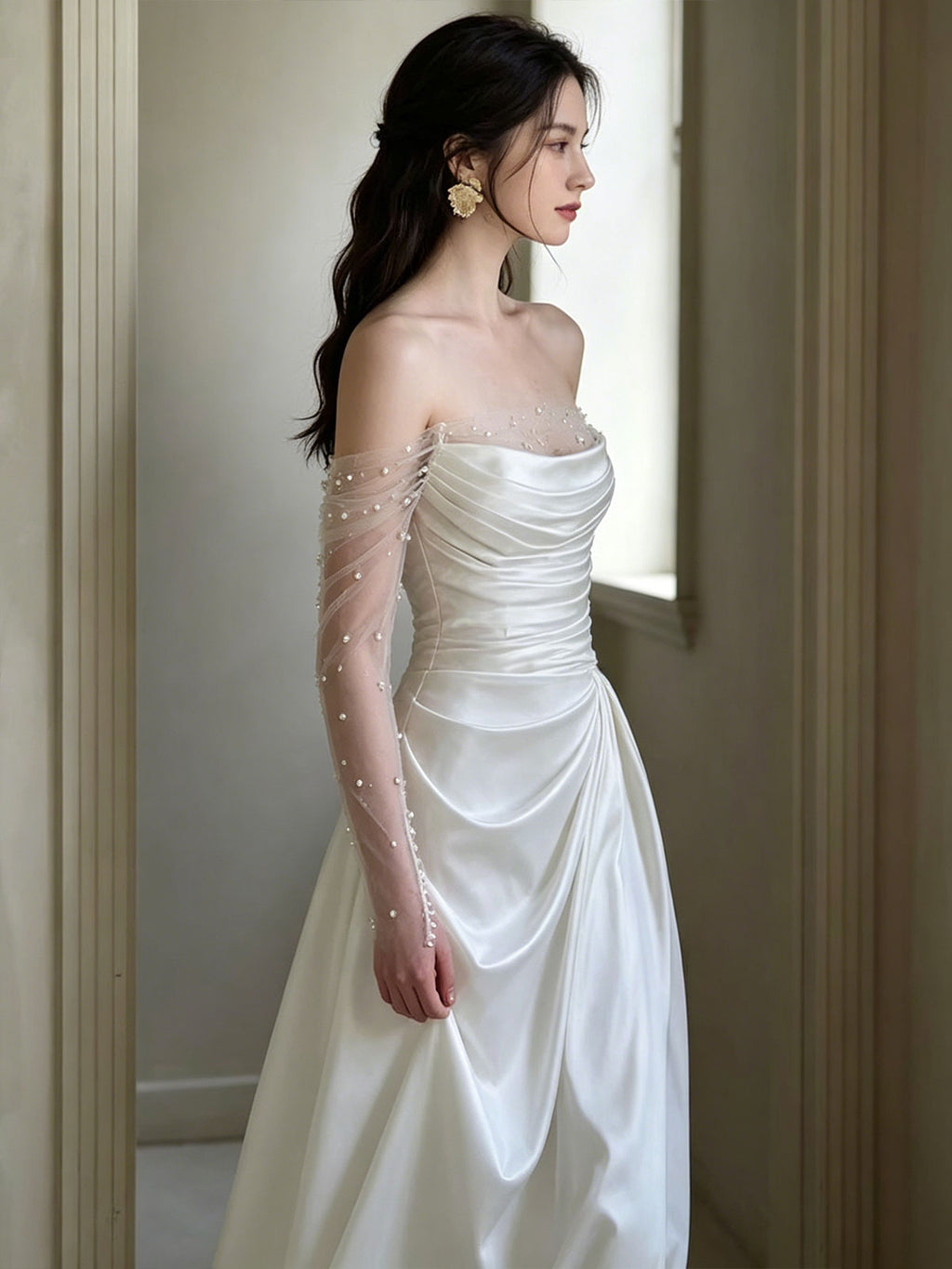 Strapless Ruched Satin Pearl Tulle Sleeve A-Line Wedding Gown
