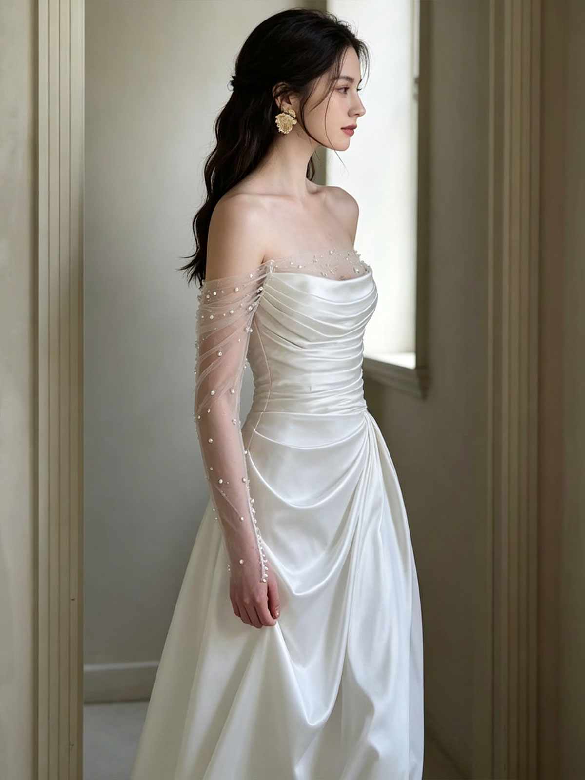 Strapless Ruched Satin Pearl Tulle Sleeve A-Line Wedding Gown