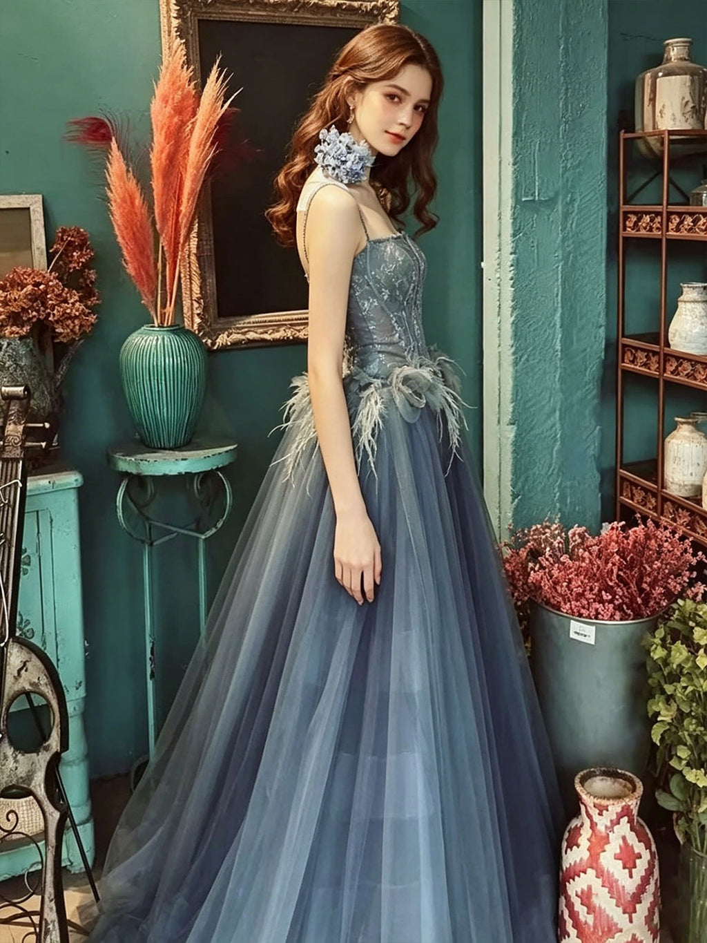 Slate Blue Corset Tulle Prom Dress with Floral Lace Bodice & Feather Appliqués