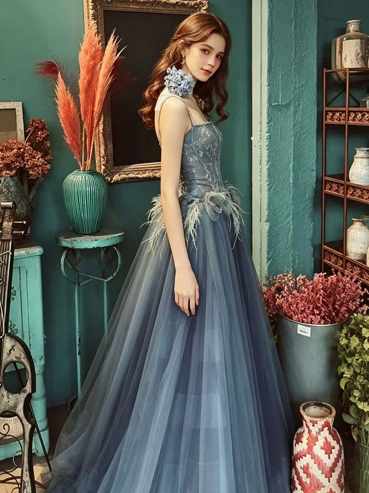 Slate Blue Corset Tulle Prom Dress with Floral Lace Bodice & Feather Appliqués