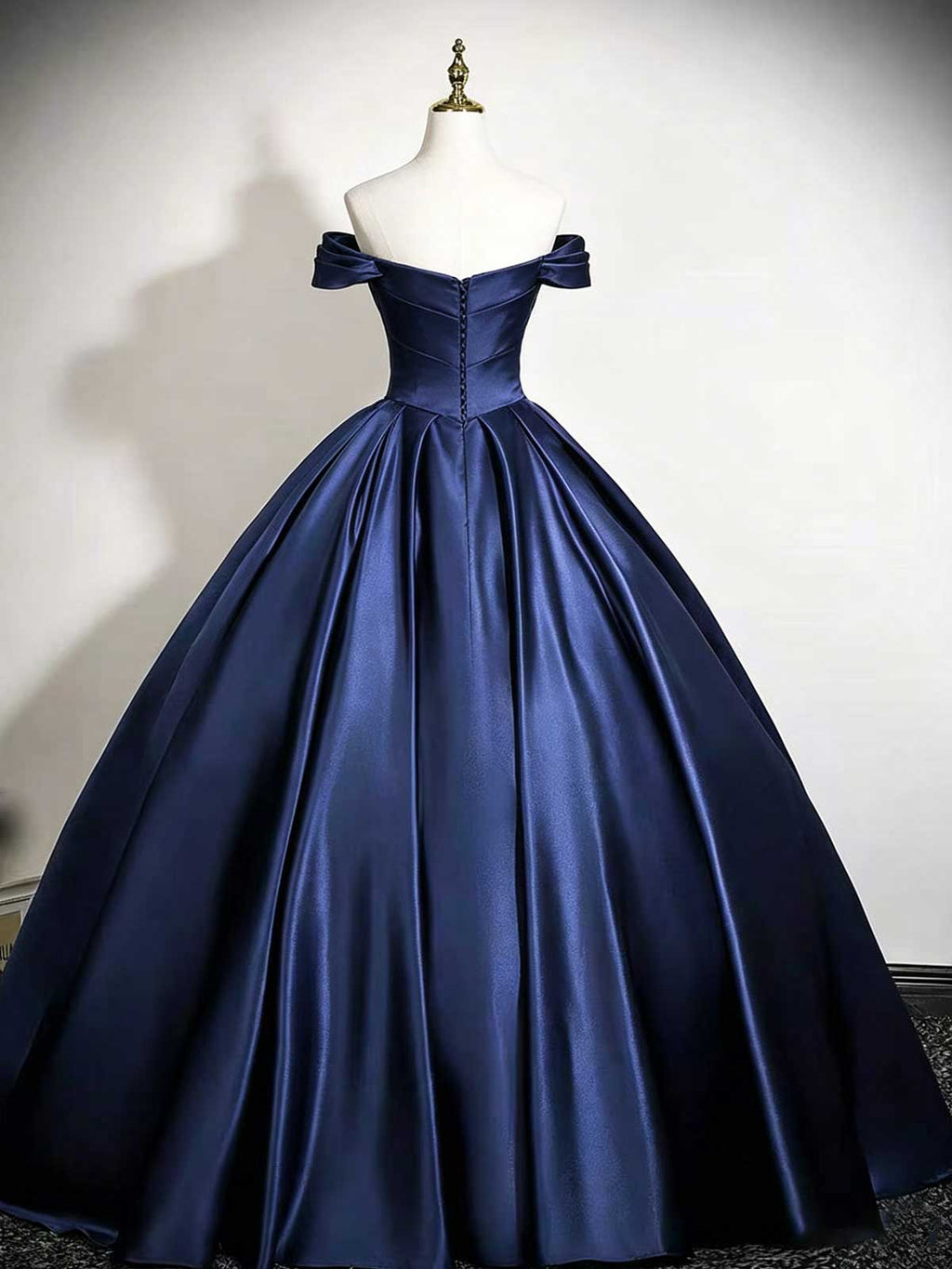 Navy Blue Off-the-Shoulder Satin Ball Gown with Voluminous Skirt