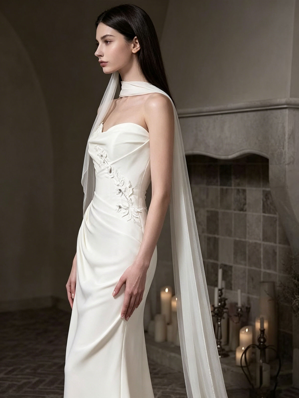 Ivory Satin Strapless Mermaid Wedding Dress with Detachable Cape Veil