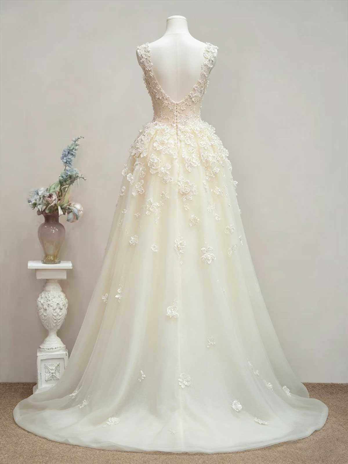 Ivory Beaded 3D Floral Spaghetti Strap A-Line Wedding Dress with Train