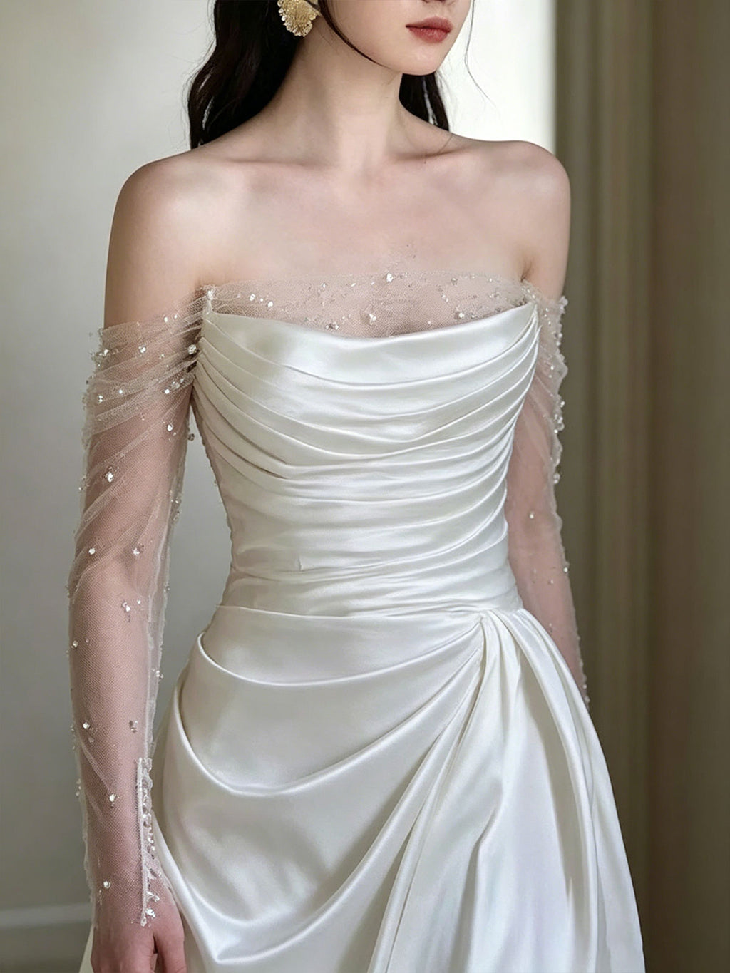 Strapless Ruched Satin Pearl Tulle Sleeve A-Line Wedding Gown
