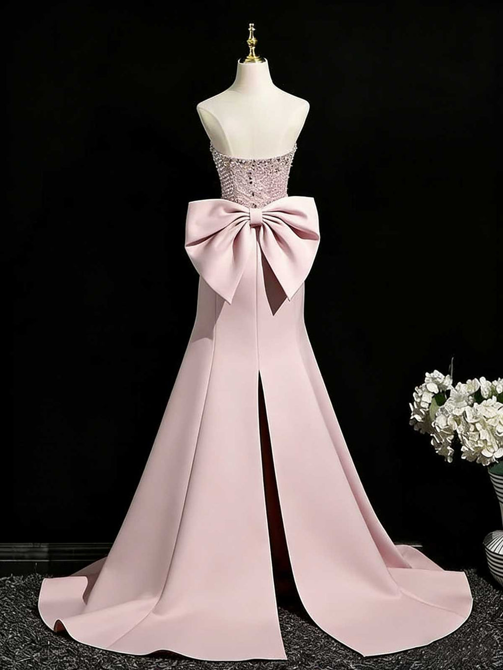 Glamorous Pink Rhinestone Corset Evening Gown with Train