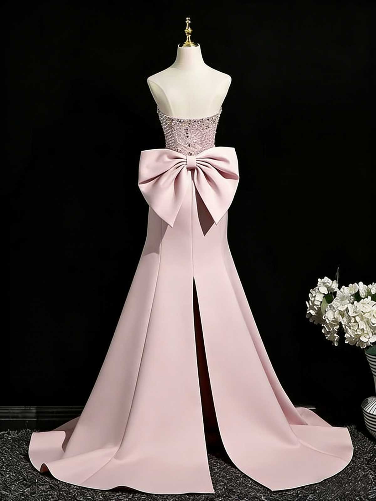 Glamorous Pink Rhinestone Corset Evening Gown with Train