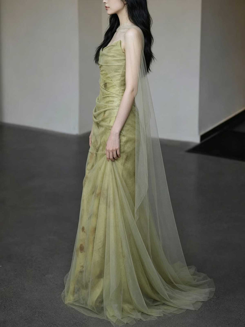 Sage Green Strapless Watercolor Print Satin Mermaid Evening Gown
