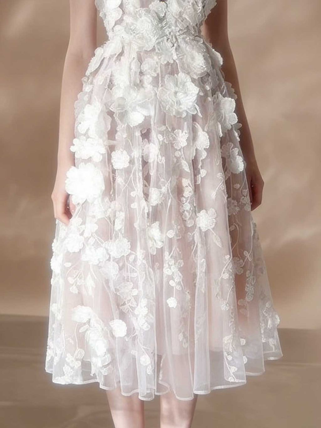 White 3D Floral Applique Strapless Sheer Midi Cocktail Dress