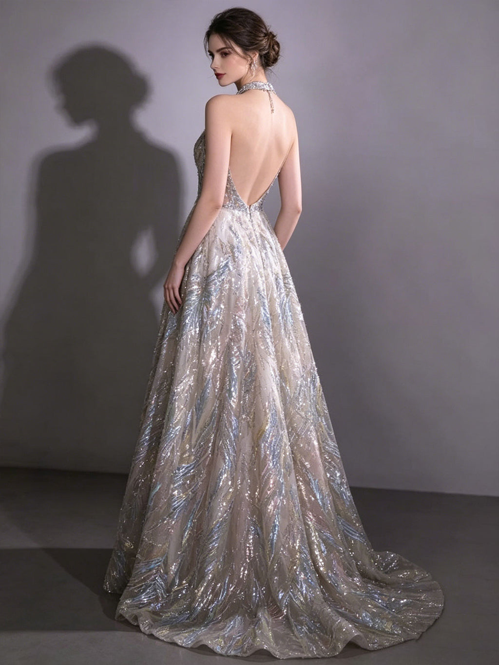 Halter Chain Fringe Iridescent Feather Sequin A-Line Evening Gown Floor Length Formal Dress
