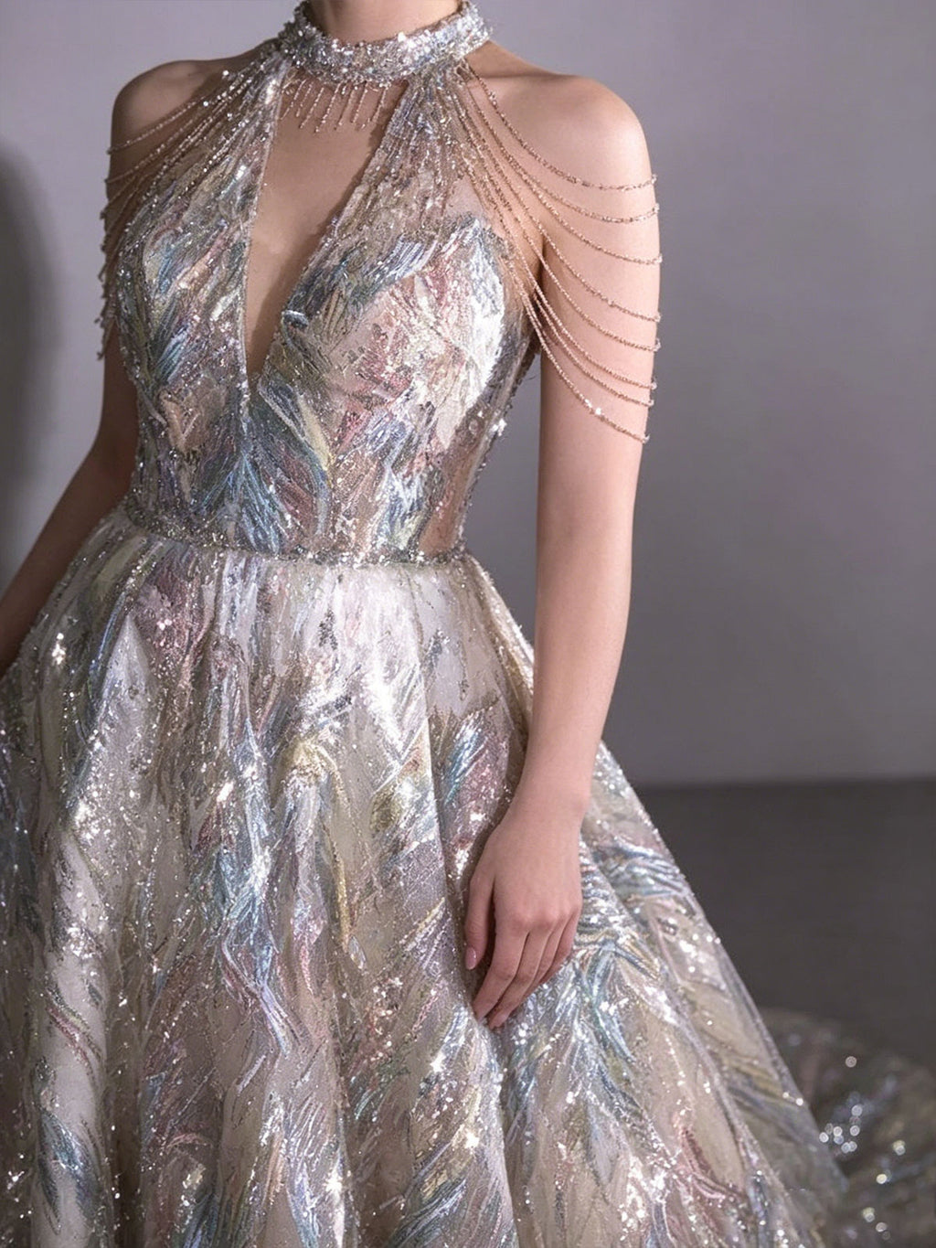Halter Chain Fringe Iridescent Feather Sequin A-Line Evening Gown Floor Length Formal Dress